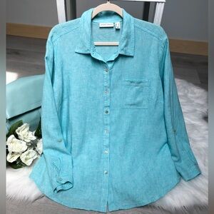 Susan Graver Turquoise Blue Linen Button Down Shirt Size Large